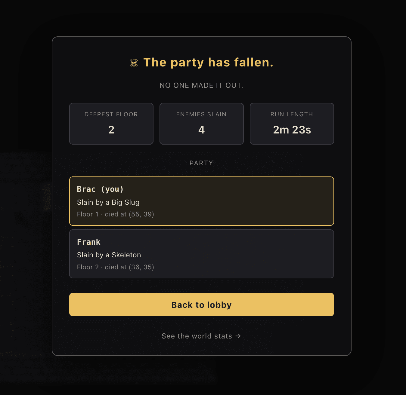 Run summary screen showing dice rolls and combat log