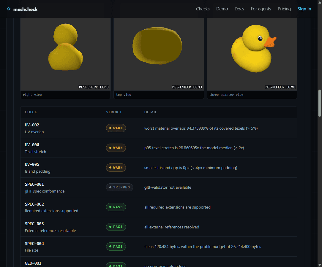Per-check verdict table from the same Duck.glb run, listing real check IDs and verdicts including UV-002 warn and SPEC-001 skipped