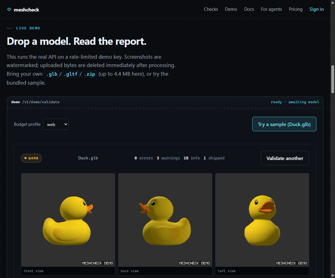 A live demo report for Duck.glb showing a WARN rollup and three watermarked rendered angles