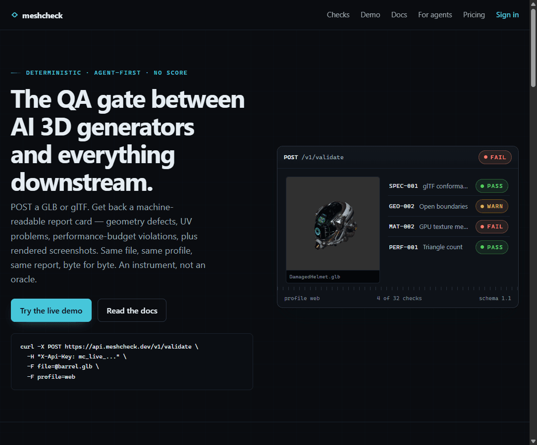 meshcheck landing page: headline, a curl example, and the site's own worked example report card for DamagedHelmet.glb showing a FAIL rollup with four check rows
