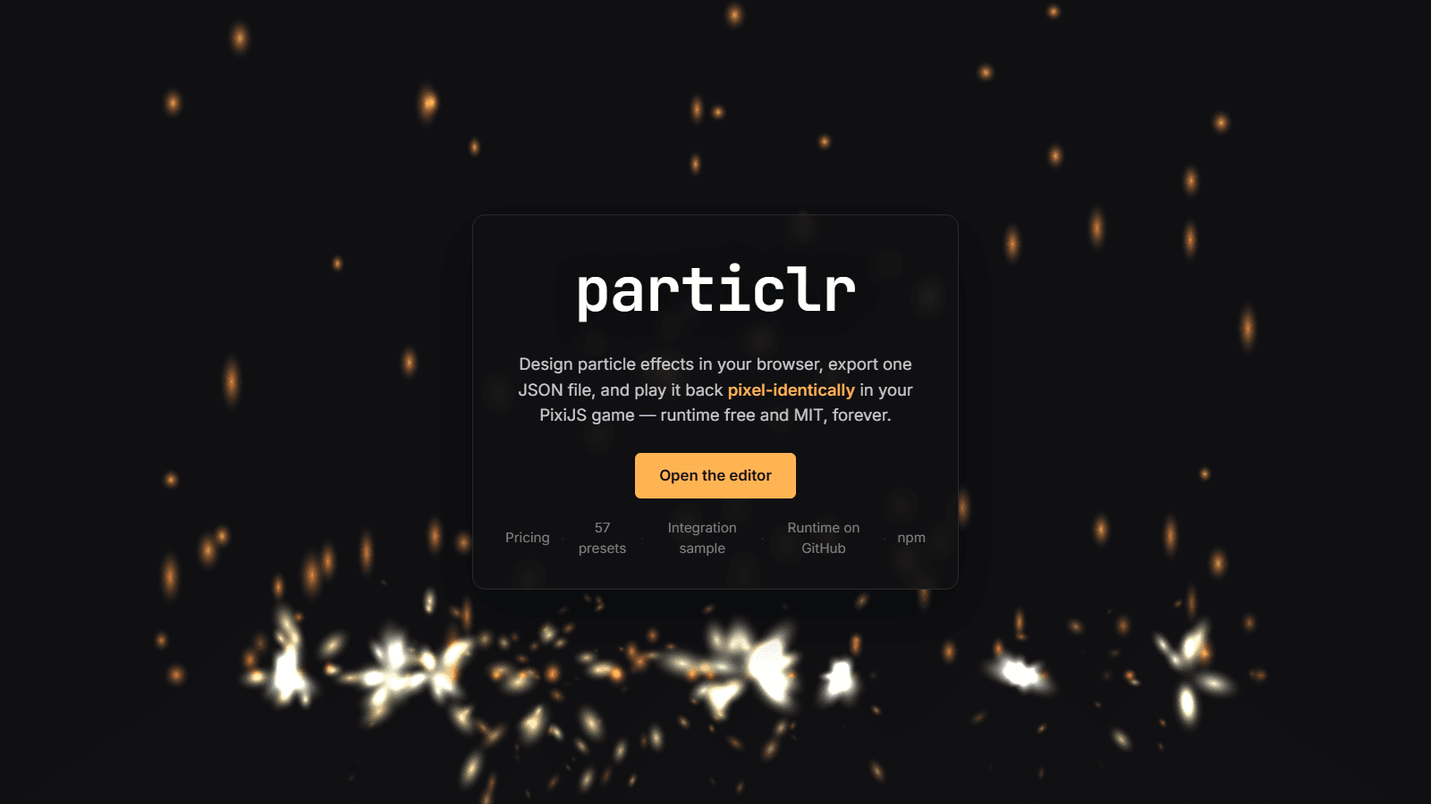 The particlr.com landing page, its ember field and explosion bursts rendered live by the shipped runtime