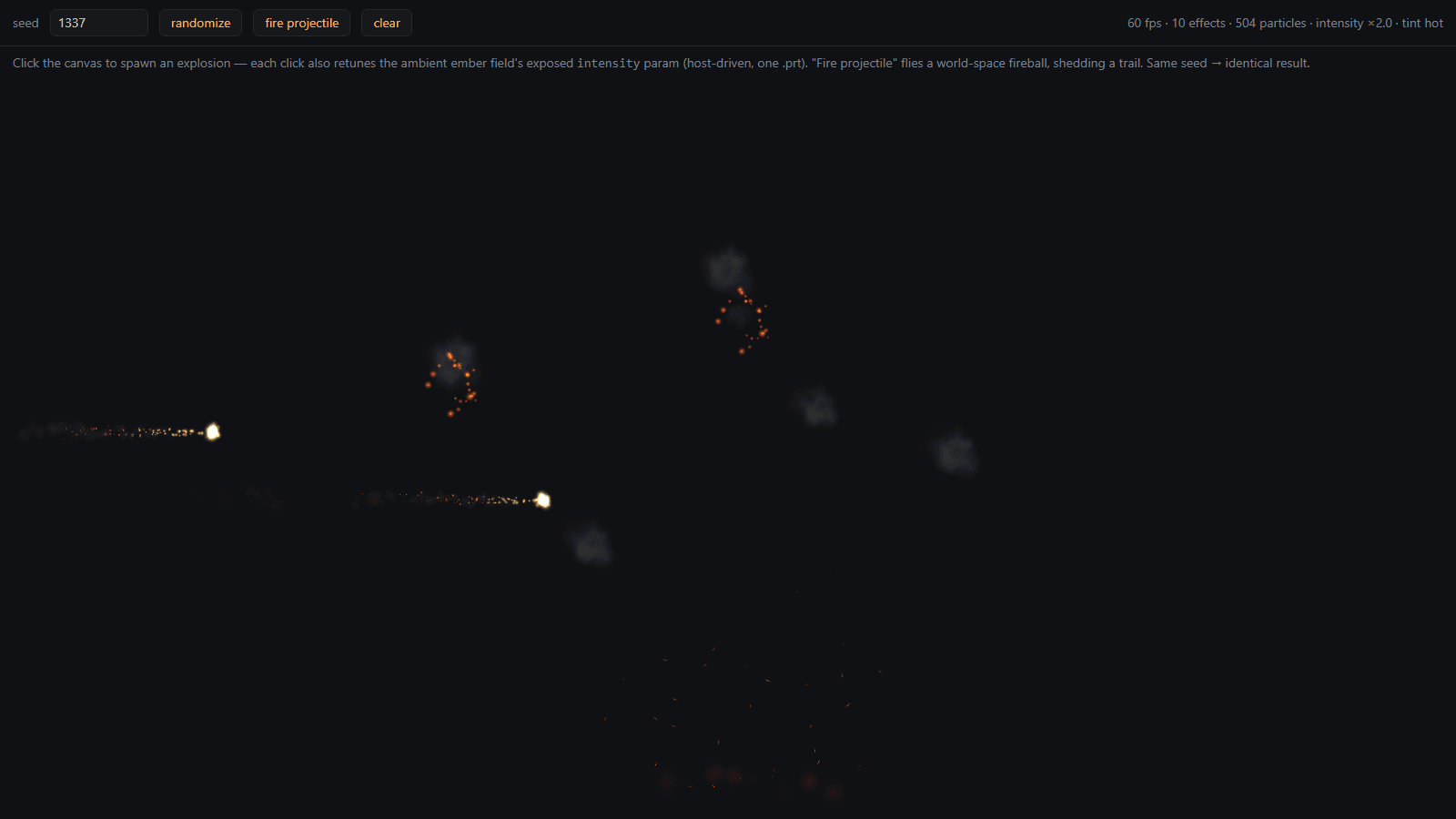 The Particlr integration sample game with fire projectiles and explosions running from exported .prt files