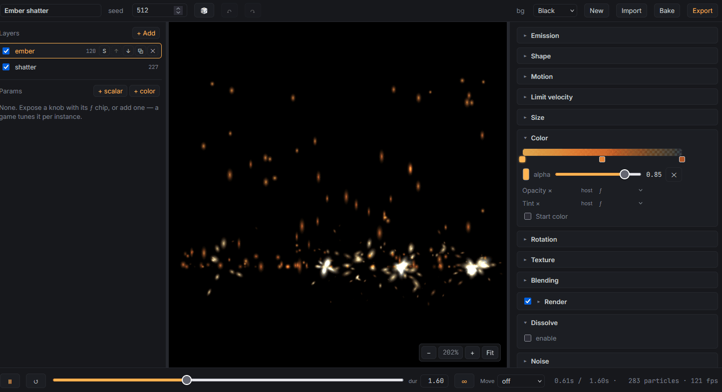 The Particlr editor running its Ember shatter preset, with orange ember bursts and white shatter flashes across the center preview canvas