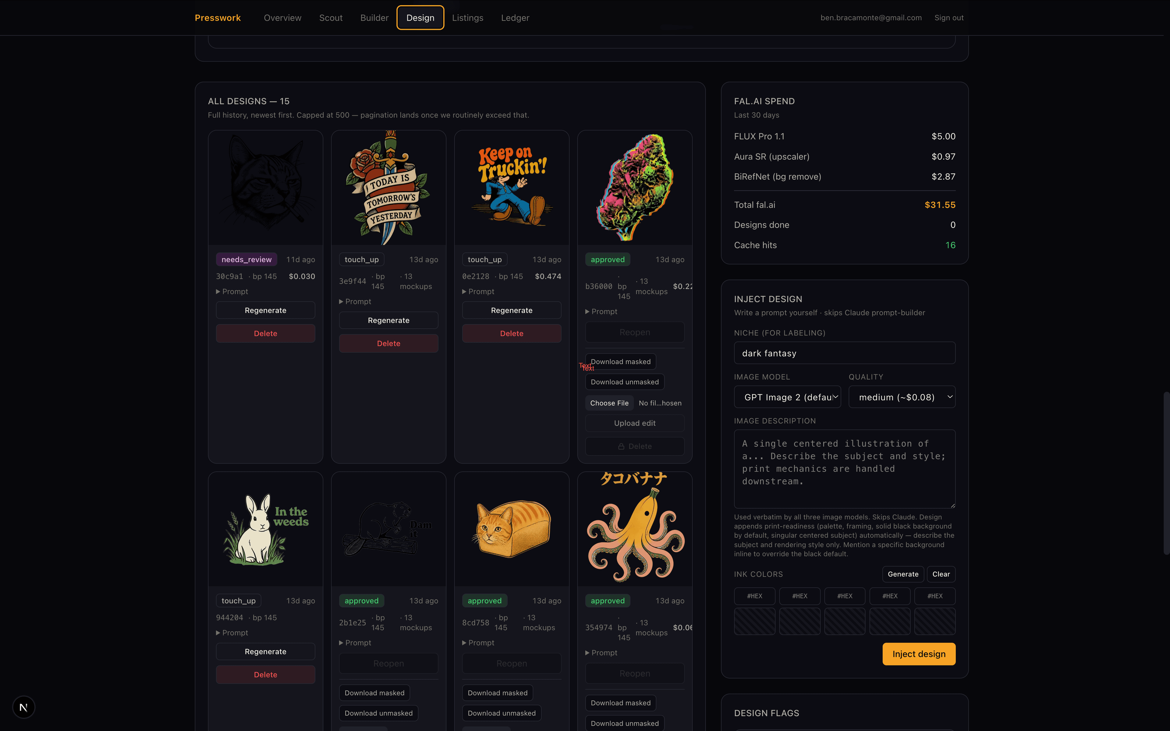 Design agent review queue — AI-generated artwork with trend brief context