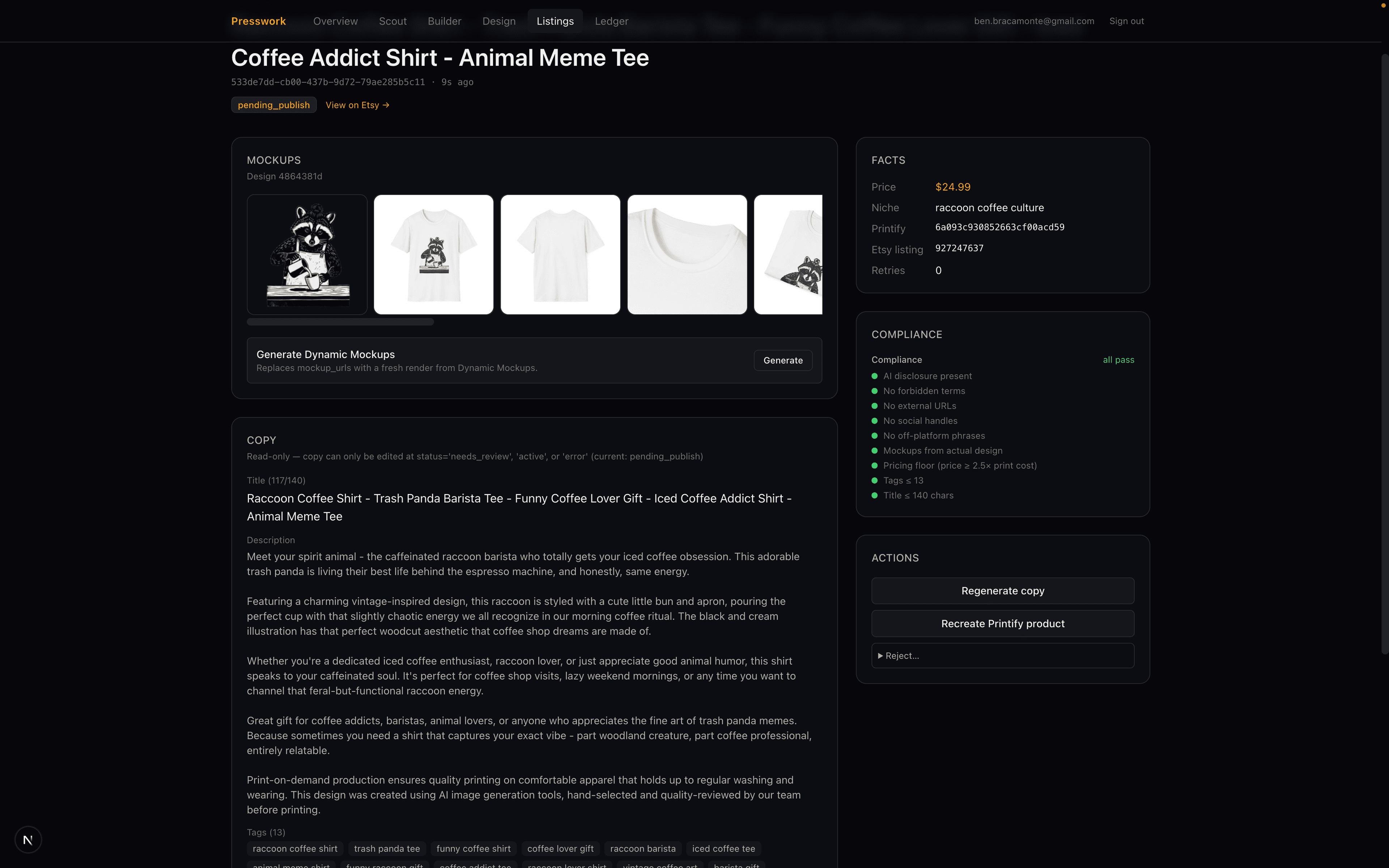 Listing review dashboard with approve and reject controls