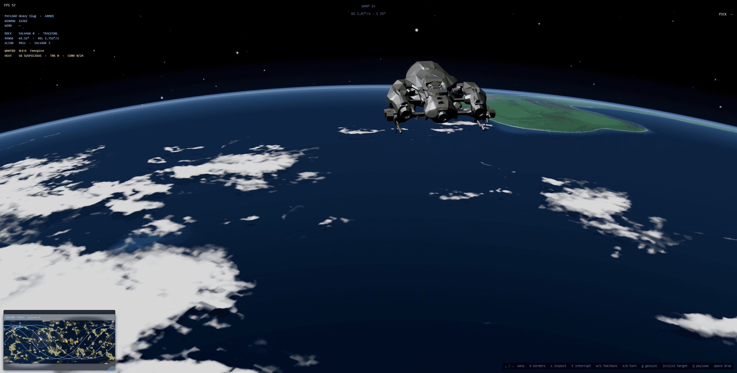 A dusk limb view over ocean, ship in frame, with the HUD showing wanted level risen to one star and heat status moving to suspicious
