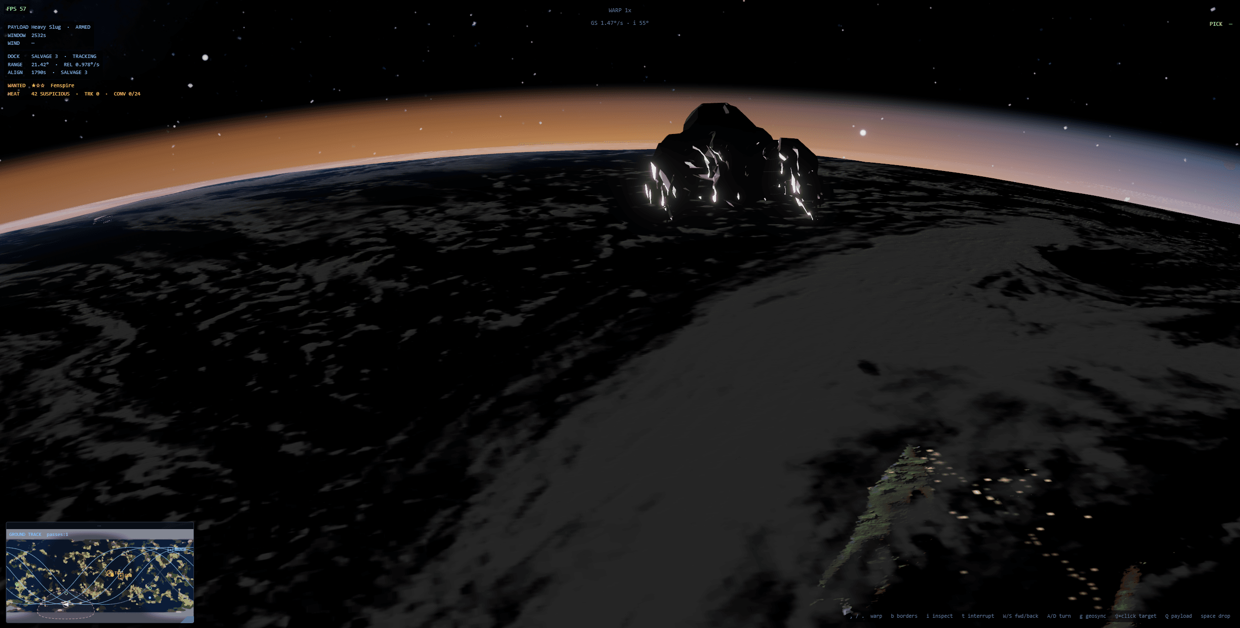 Vantage near the day/night terminator: the ship in rim-lit silhouette against an orange to blue atmosphere band, city lights on the night side below, and a ground-track minimap with full HUD