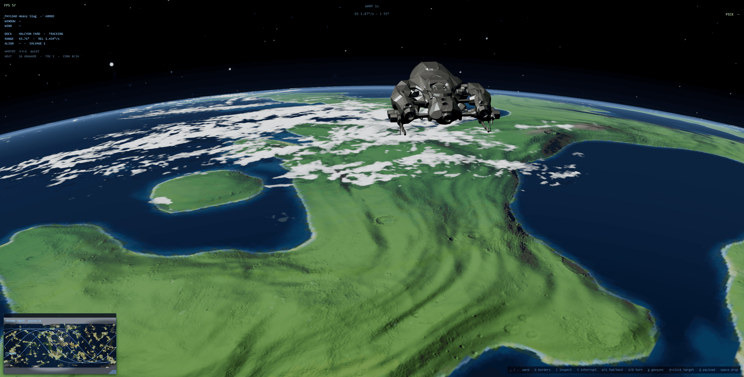 A closer daylight pass over terrain and cloud formations, ship in frame, with a ground-track minimap showing the orbital path and mission markers