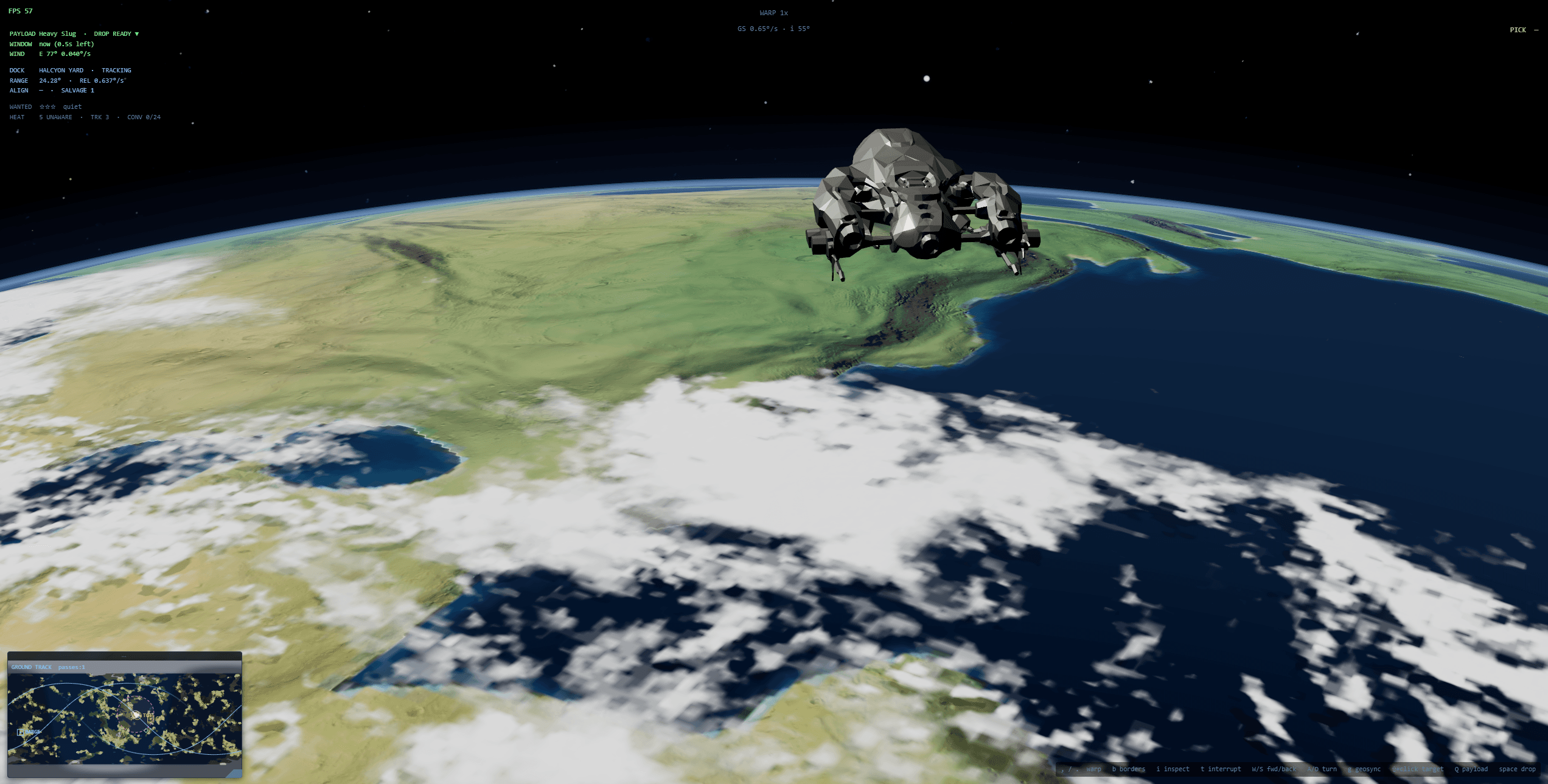 Daylight orbital view with the full HUD: payload status, dock target, wanted level, and heat, over terrain and cloud cover with a blue atmospheric limb and a ground-track minimap in the corner